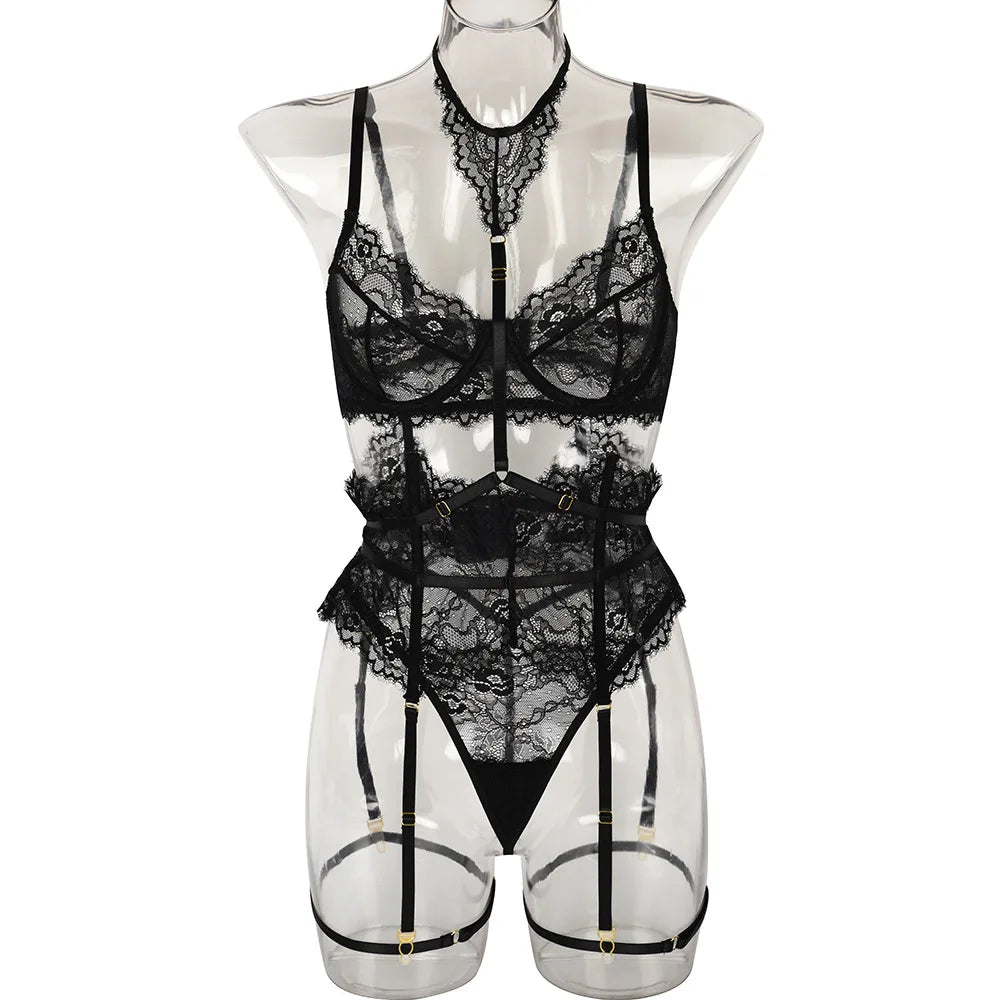 Erotic Western Style 3 Piece Set Eyelash Lace Featuring Sensual Halter Design Alluring Leg Ring Lingerie Set