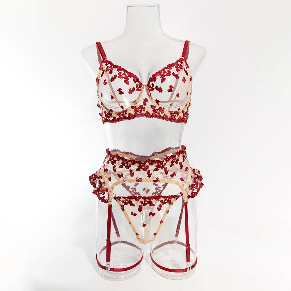 Erotic Western Style 3 Piece Set Floral Embroidery Featuring Sensual See Through Alluring Premium Lingerie Set