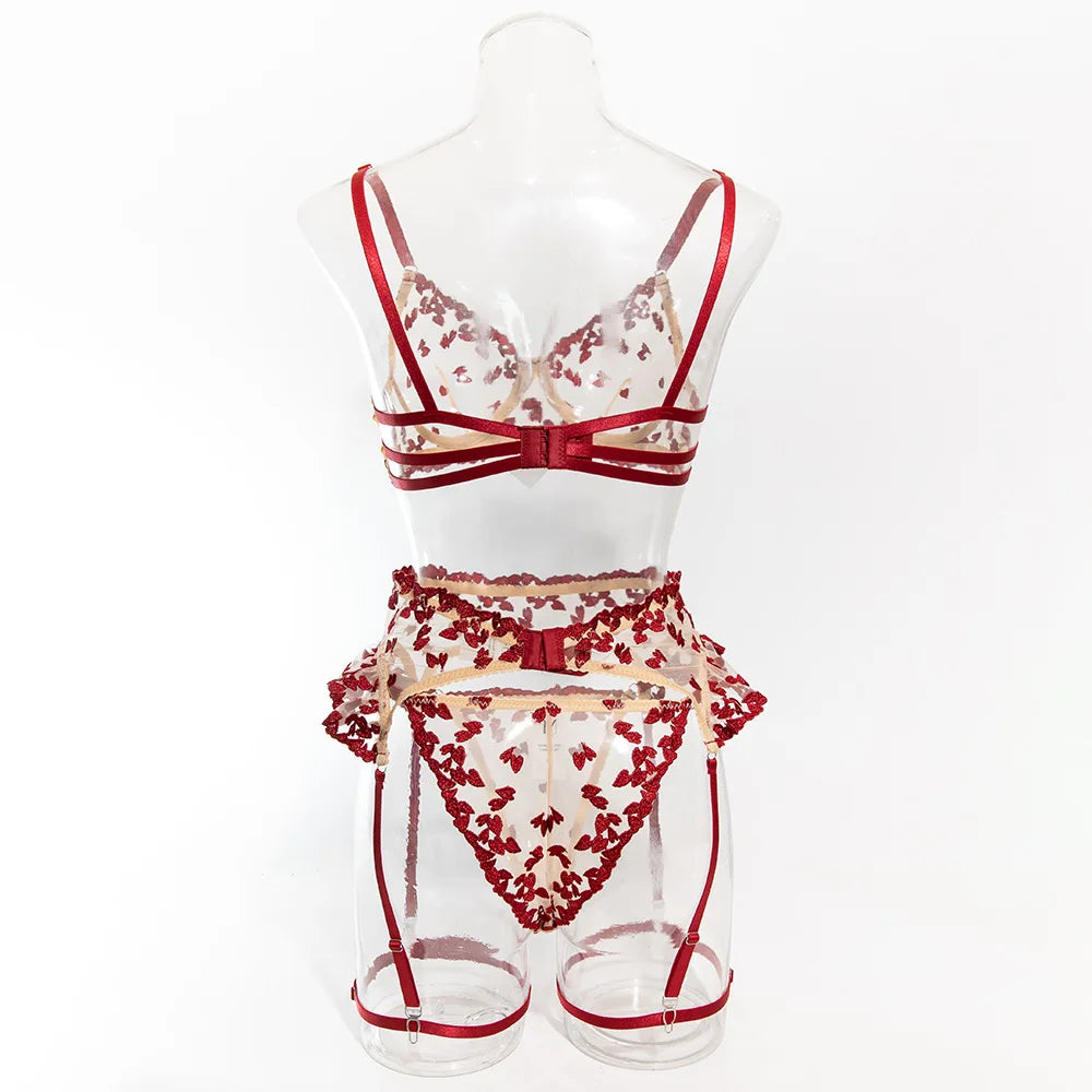 Erotic Western Style 3 Piece Set Floral Embroidery Featuring Sensual See Through Alluring Premium Lingerie Set
