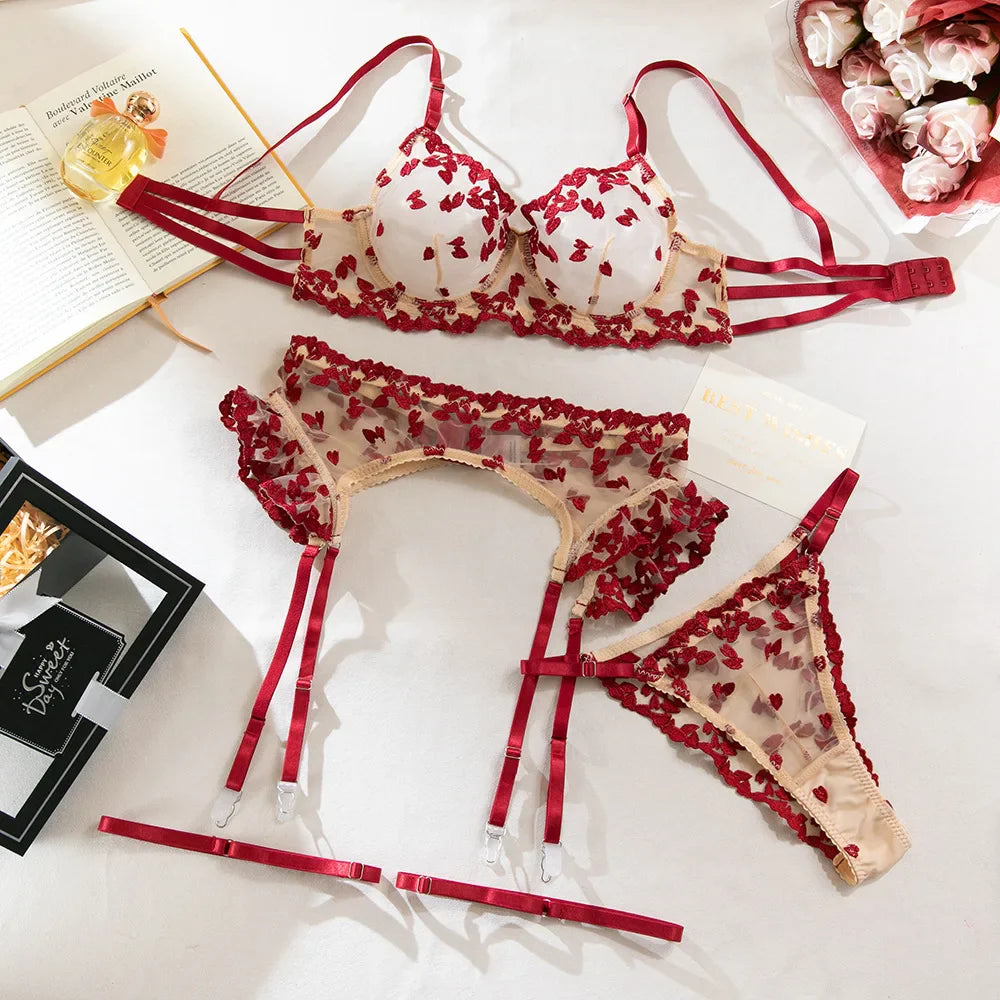Erotic Western Style 3 Piece Set Floral Embroidery Featuring Sensual See Through Alluring Premium Lingerie Set