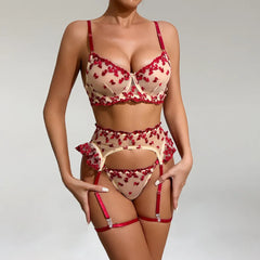 Erotic Western Style 3 Piece Set Floral Embroidery Featuring Sensual See Through Alluring Premium Lingerie Set