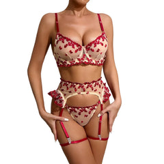 Erotic Western Style 3 Piece Set Floral Embroidery Featuring Sensual See Through Alluring Premium Lingerie Set