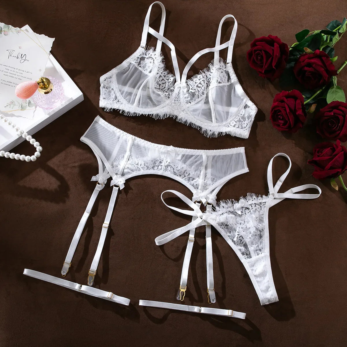 Erotic Western Style 3 Piece Set Minimalist See Through Lace Featuring Sensual Alluring Exquisite Lingerie Set