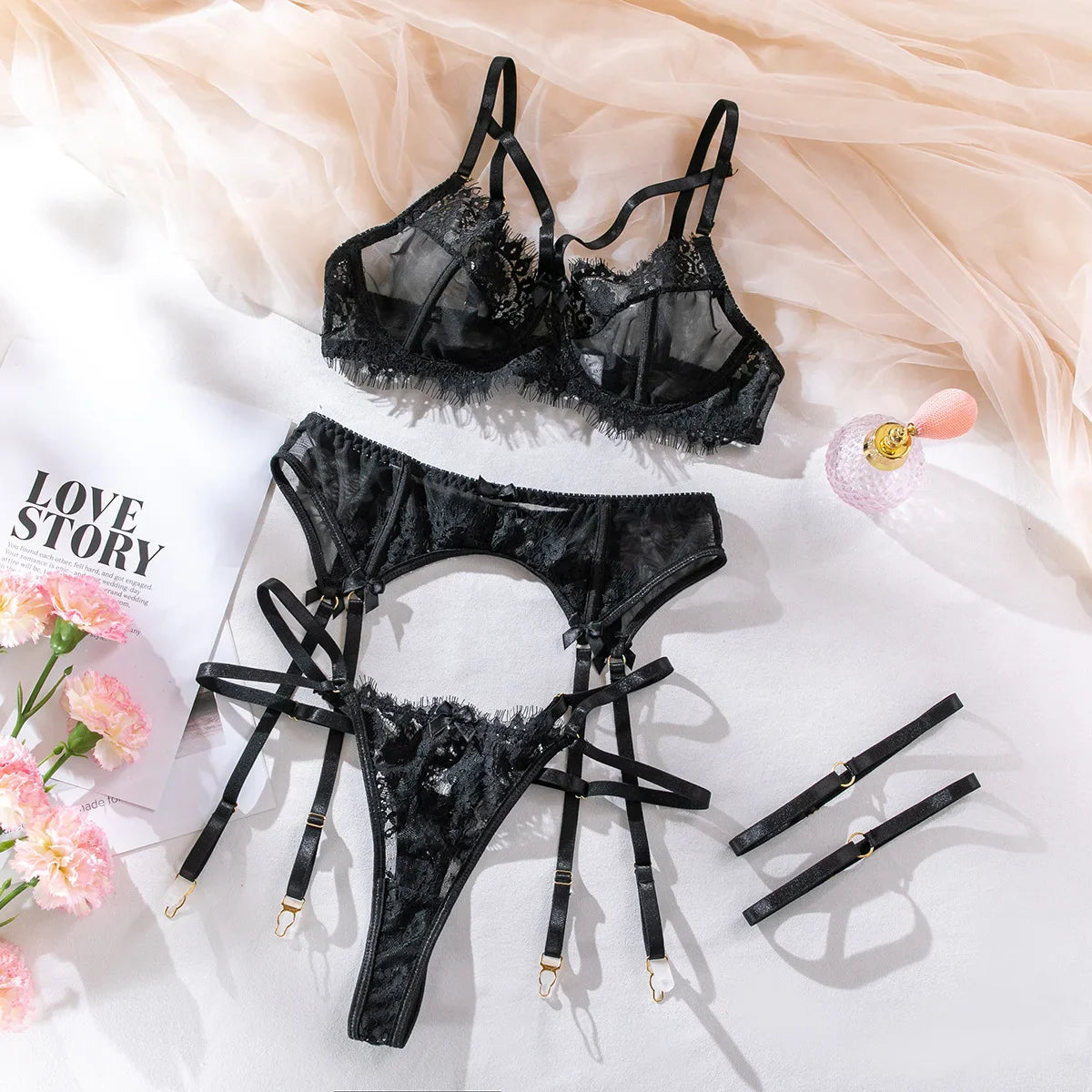Erotic Western Style 3 Piece Set Minimalist See Through Lace Featuring Sensual Alluring Exquisite Lingerie Set