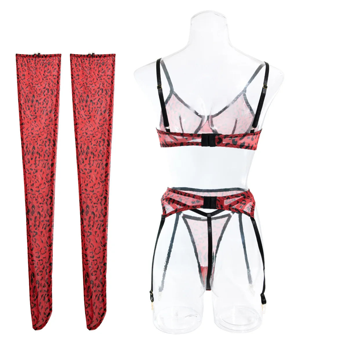 Erotic Western Style 4 Piece Set Leopard Print Featuring Sensual Push Up Mesh Alluring Stockings Lingerie Set