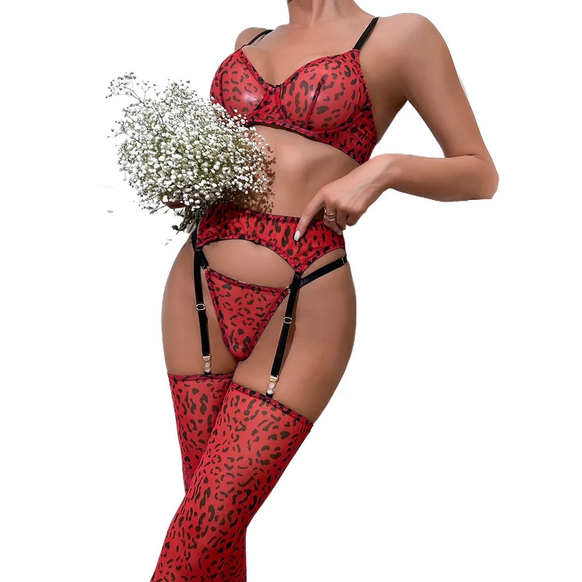 Erotic Western Style 4 Piece Set Leopard Print Featuring Sensual Push Up Mesh Alluring Stockings Lingerie Set