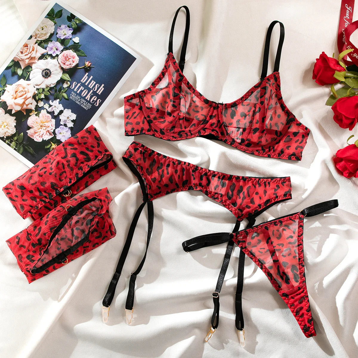 Erotic Western Style 4 Piece Set Leopard Print Featuring Sensual Push Up Mesh Alluring Stockings Lingerie Set