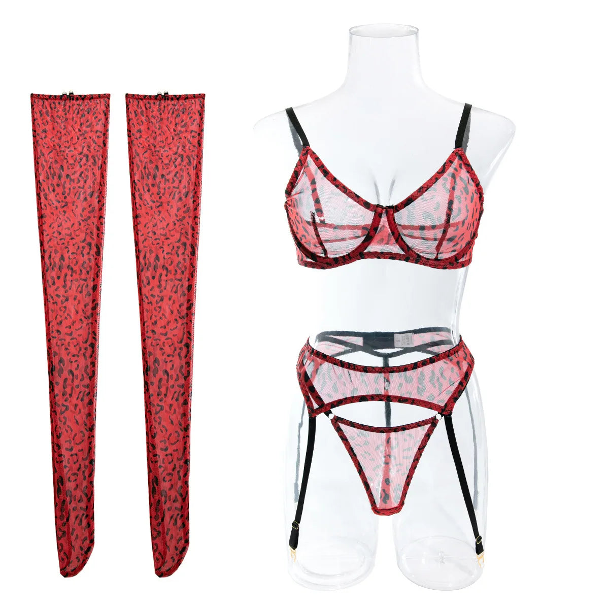 Erotic Western Style 4 Piece Set Leopard Print Featuring Sensual Push Up Mesh Alluring Stockings Lingerie Set