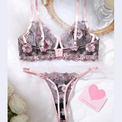 Erotic Western Style Black Pink Embroidery Featuring Sensual Thin Strap Lace Mesh Alluring Attractive Lingerie Bra Set