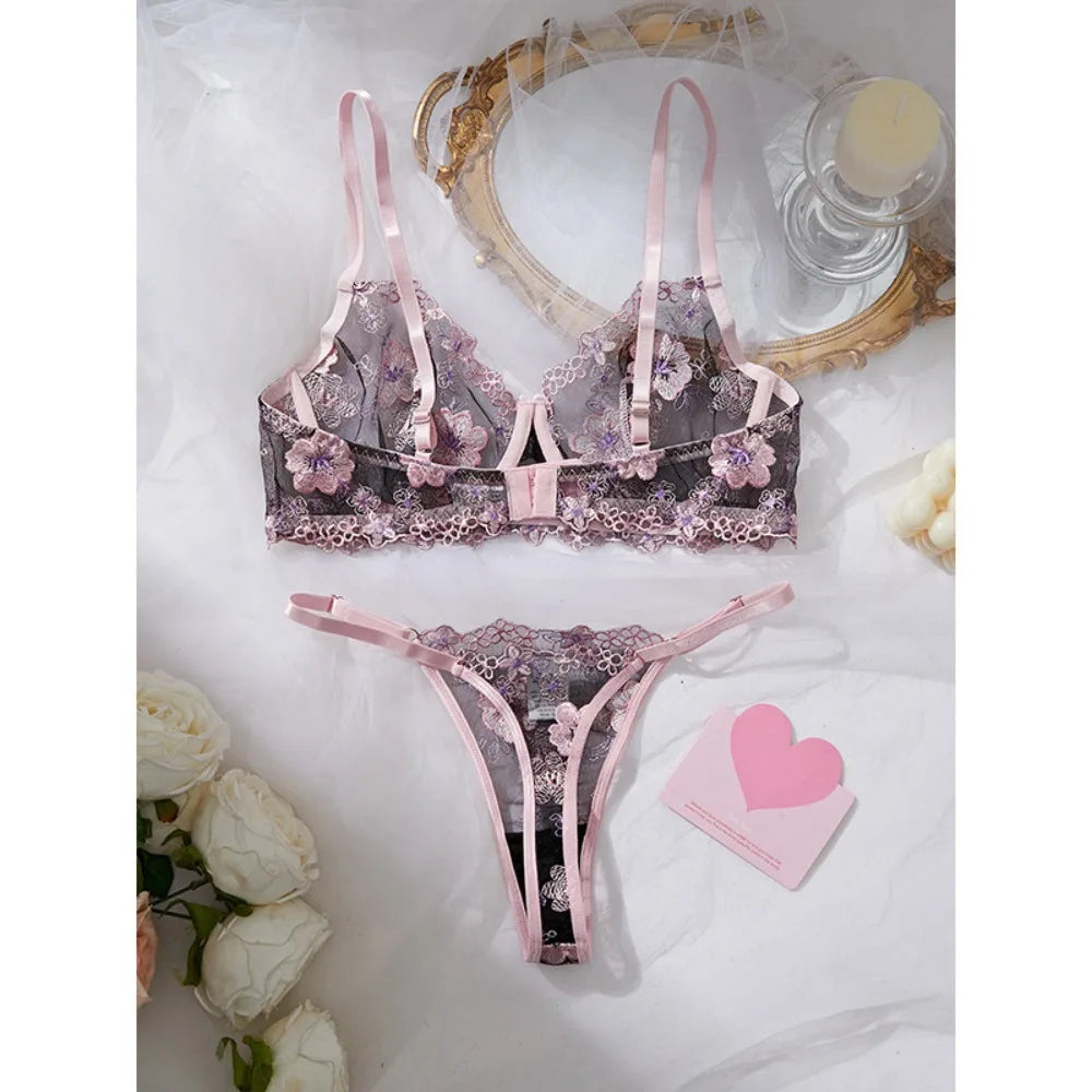 Erotic Western Style Black Pink Embroidery Featuring Sensual Thin Strap Lace Mesh Alluring Attractive Lingerie Bra Set