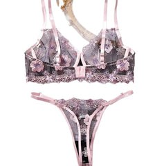 Erotic Western Style Black Pink Embroidery Featuring Sensual Thin Strap Lace Mesh Alluring Attractive Lingerie Bra Set