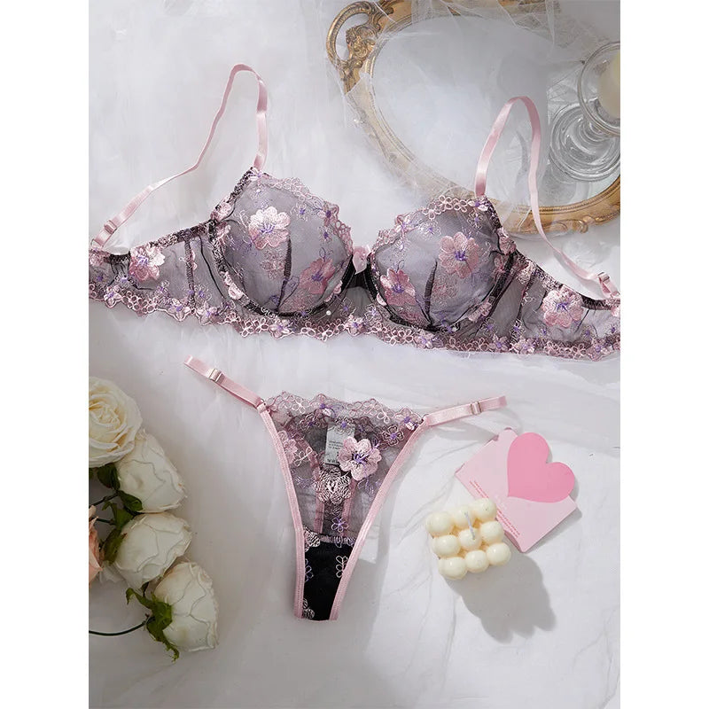 Erotic Western Style Black Pink Embroidery Featuring Sensual Thin Strap Lace Mesh Alluring Attractive Lingerie Bra Set