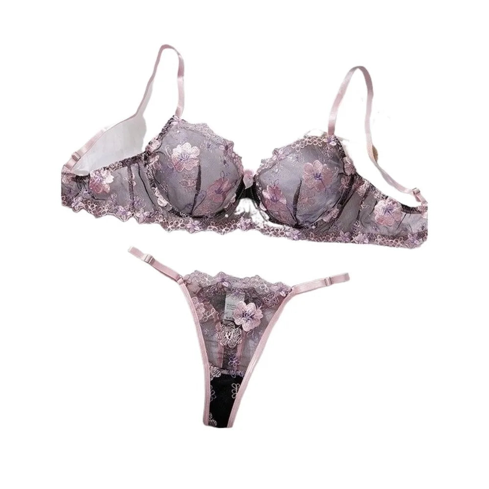 Erotic Western Style Black Pink Embroidery Featuring Sensual Thin Strap Lace Mesh Alluring Attractive Lingerie Bra Set
