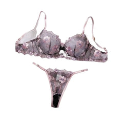 Erotic Western Style Black Pink Embroidery Featuring Sensual Thin Strap Lace Mesh Alluring Attractive Lingerie Bra Set