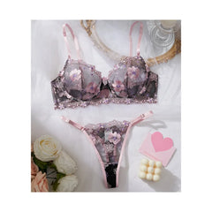Erotic Western Style Black Pink Embroidery Featuring Sensual Thin Strap Lace Mesh Alluring Attractive Lingerie Bra Set