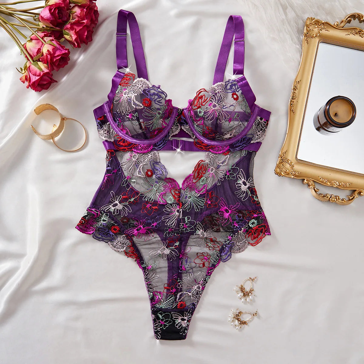 Erotic Western Style Colorful Embroidery Featuring Sensual French Lace Waist Shaping Slim Fit Alluring Erotic