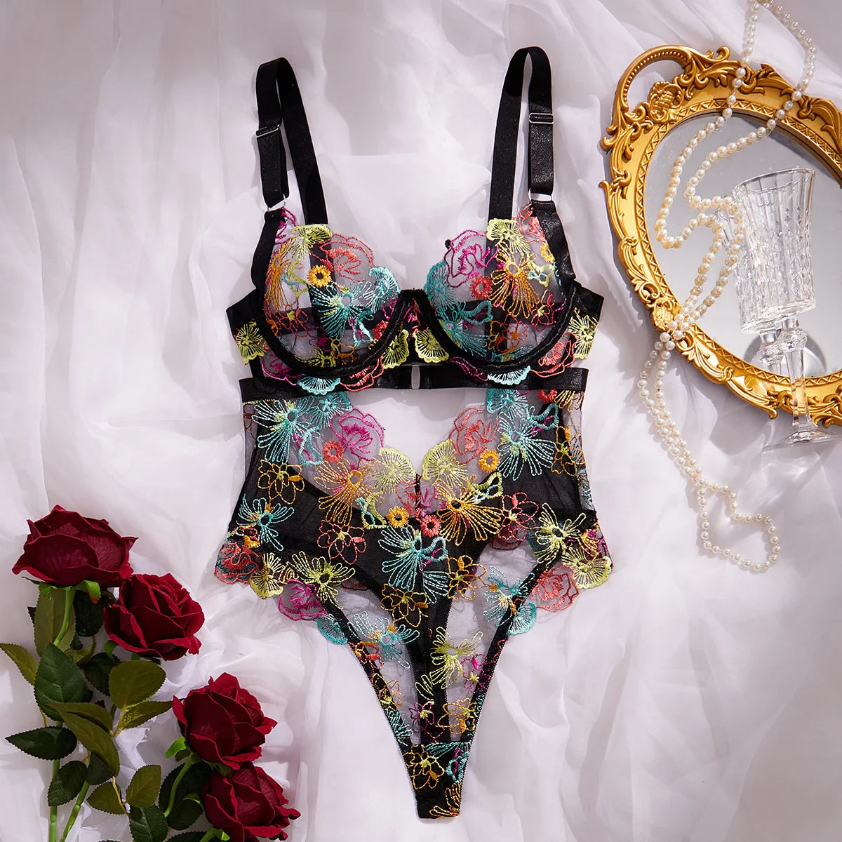 Erotic Western Style Colorful Embroidery Featuring Sensual French Lace Waist Shaping Slim Fit Alluring Erotic