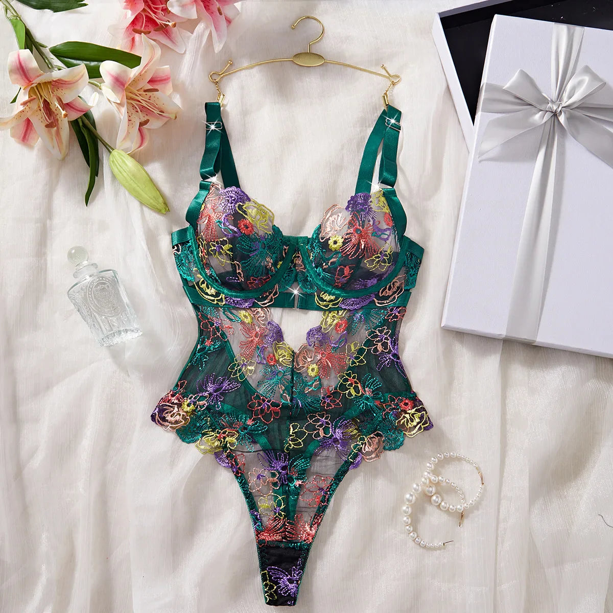 Erotic Western Style Colorful Embroidery Featuring Sensual French Lace Waist Shaping Slim Fit Alluring Erotic