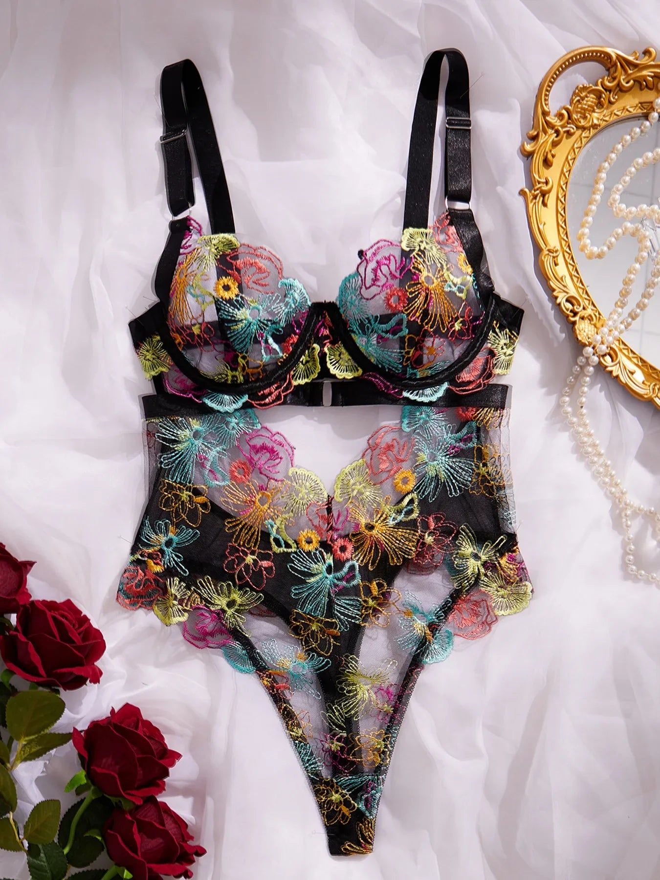 Erotic Western Style Colorful Embroidery Featuring Sensual French Lace Waist Shaping Slim Fit Alluring Erotic