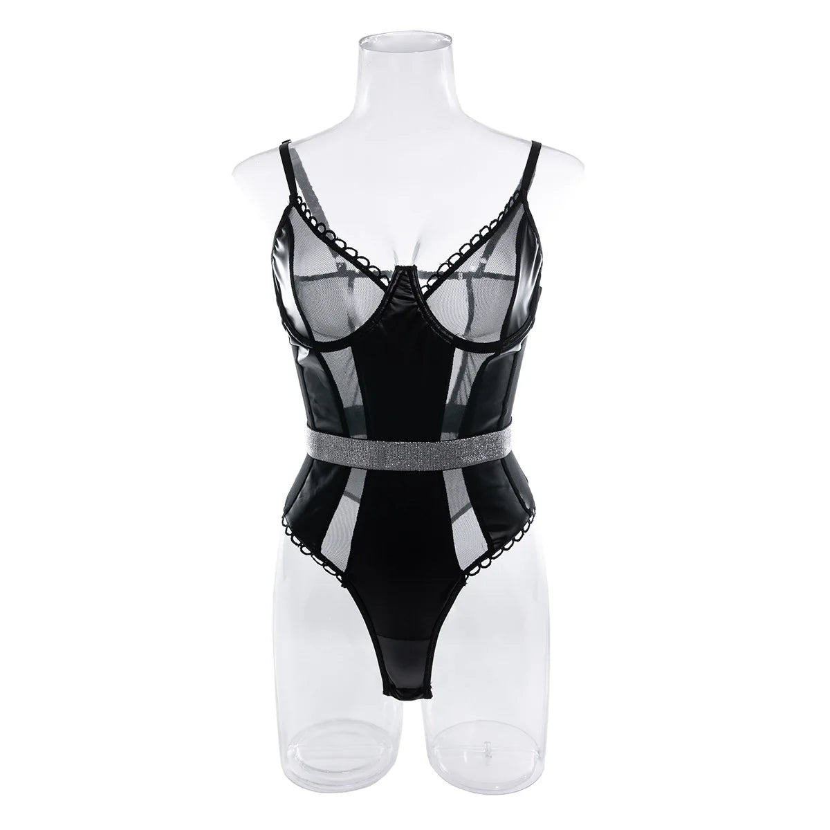 Erotic Western Style Faux Leather Mesh Patchwork Featuring Sensual Slim Fit See Through Alluring Exquisite Erotic