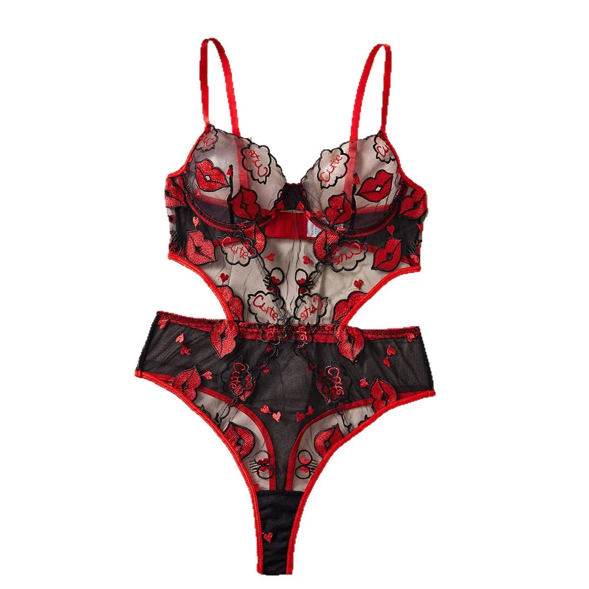 Erotic Western Style Funny Lips Embroidery Featuring Sensual Mesh Hollow Out Slim Fit Alluring Exquisite Erotic