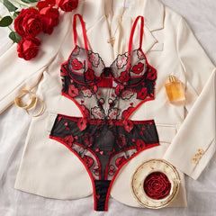 Erotic Western Style Funny Lips Embroidery Featuring Sensual Mesh Hollow Out Slim Fit Alluring Exquisite Erotic