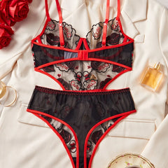 Erotic Western Style Funny Lips Embroidery Featuring Sensual Mesh Hollow Out Slim Fit Alluring Exquisite Erotic
