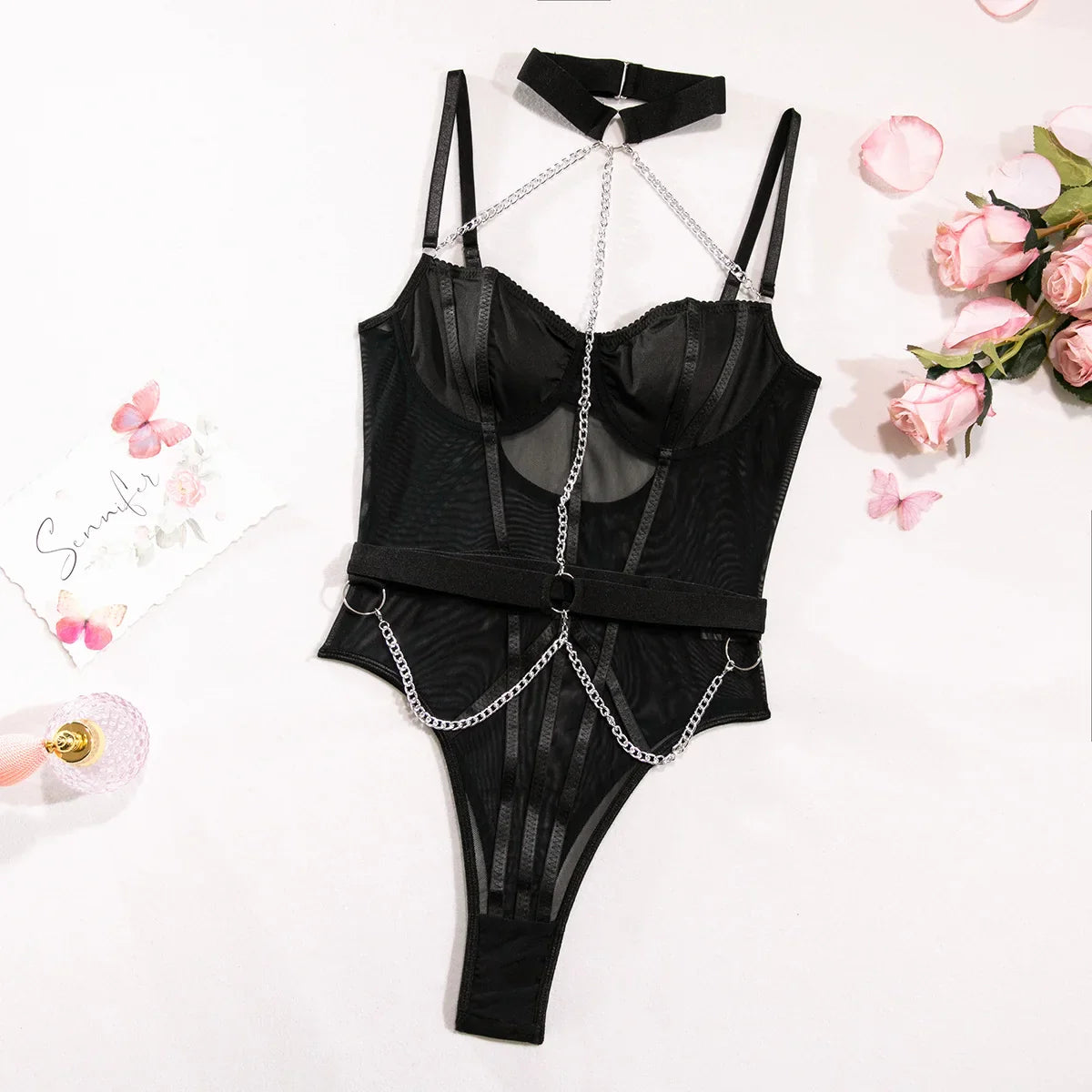 Erotic Western Style Halter Neck Featuring Sensual Metal Decor Slim Fit See Through Alluring Exquisite Erotic