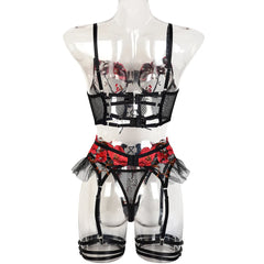 Erotic Western Style Halter Underwired 4 Piece Set Featuring Sensual Large Mesh Patchwork Design Alluring Lingerie Set