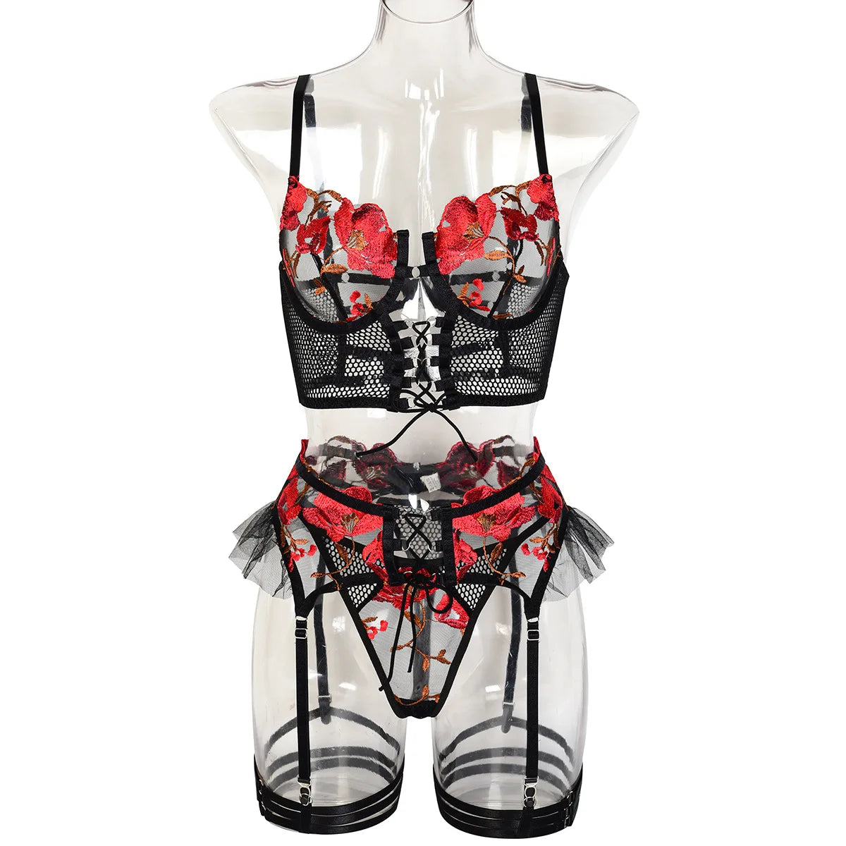 Erotic Western Style Halter Underwired 4 Piece Set Featuring Sensual Large Mesh Patchwork Design Alluring Lingerie Set
