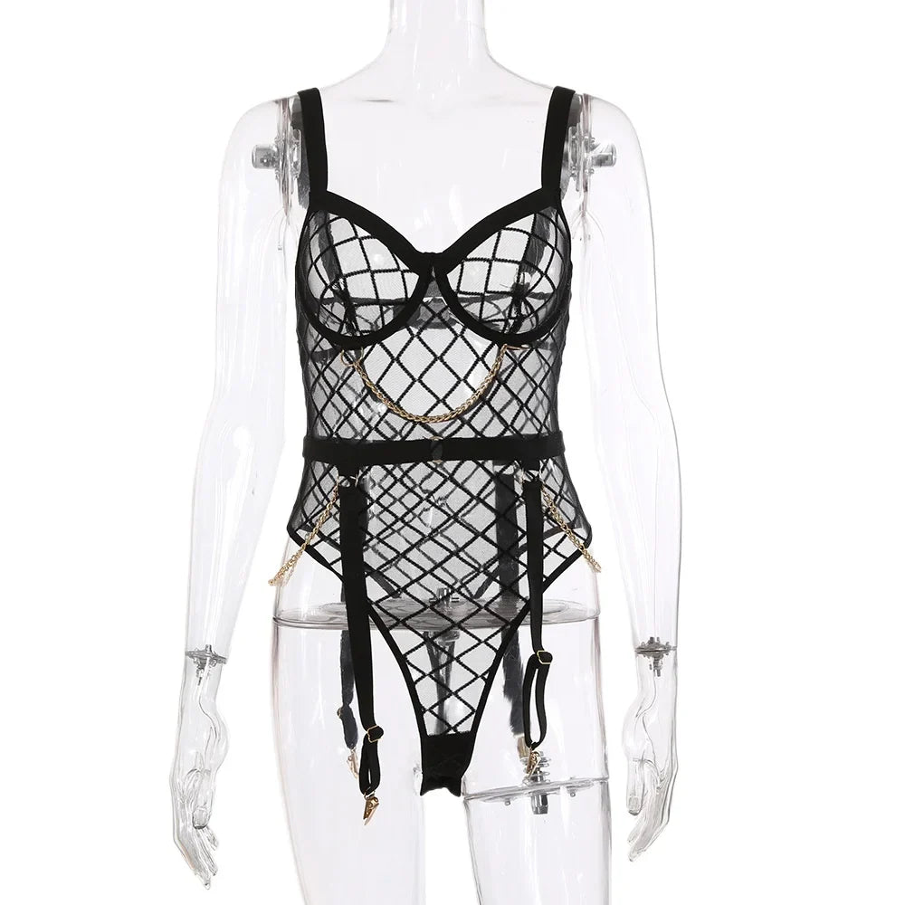 Erotic Western Style Girl Mesh Featuring Sensual Metal Chain See Through Alluring Exquisite Premium Erotic
