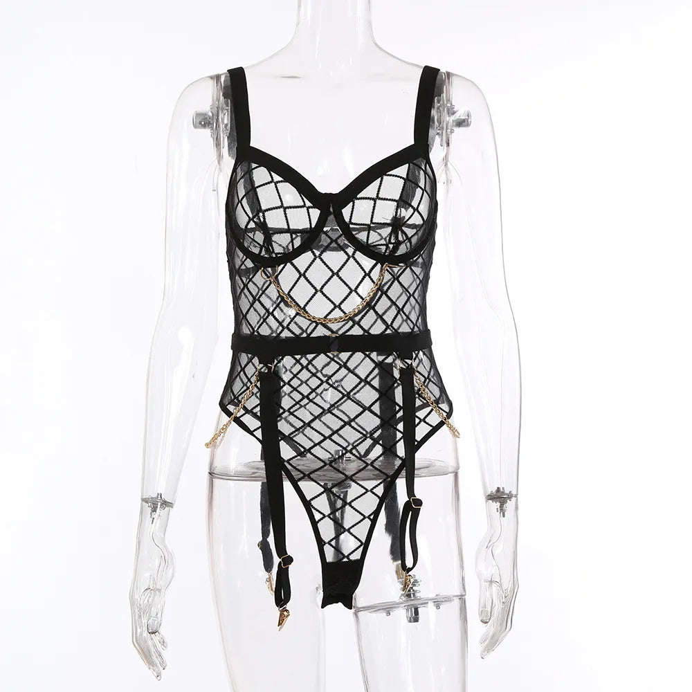 Erotic Western Style Girl Mesh Featuring Sensual Metal Chain See Through Alluring Exquisite Premium Erotic