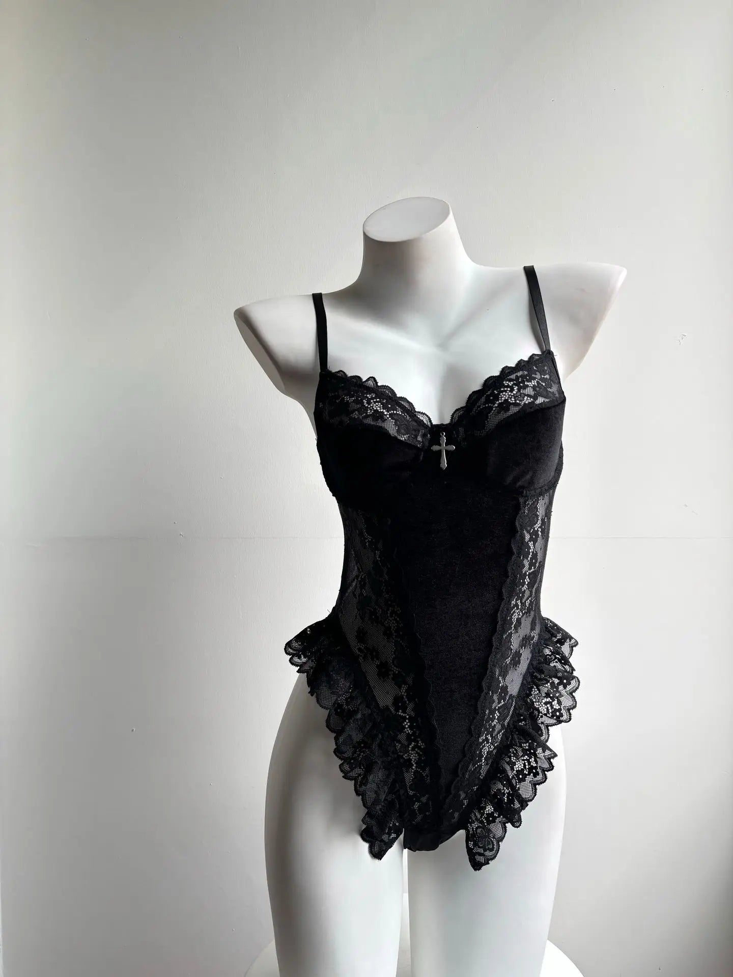Erotic Western Style Lace Velvet Patchwork Featuring Sensual Cross Charm See Through Alluring Exquisite Erotic