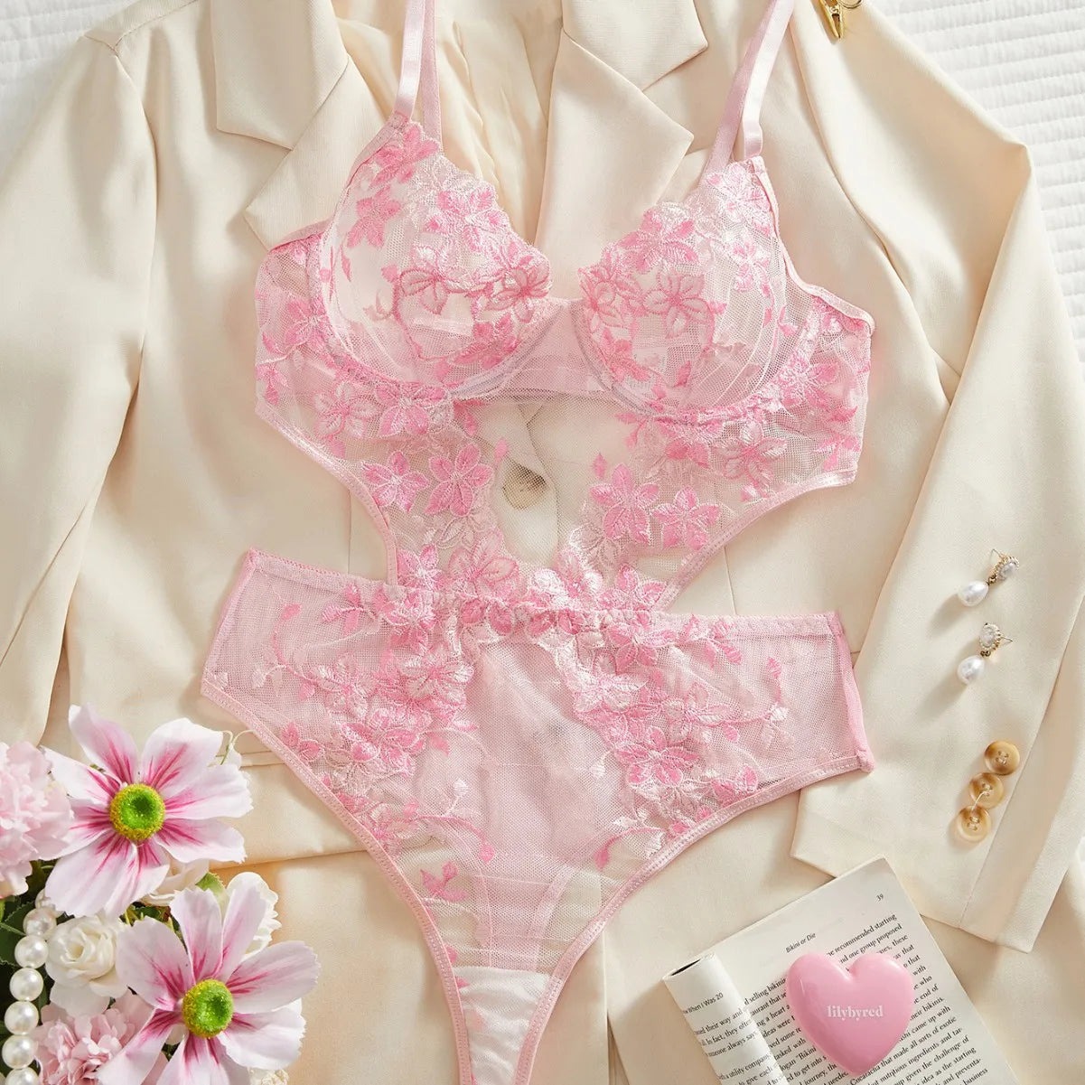 Erotic Western Style Pink Mesh Embroidery Featuring Sensual See Through Alluring Exquisite Premium Erotic