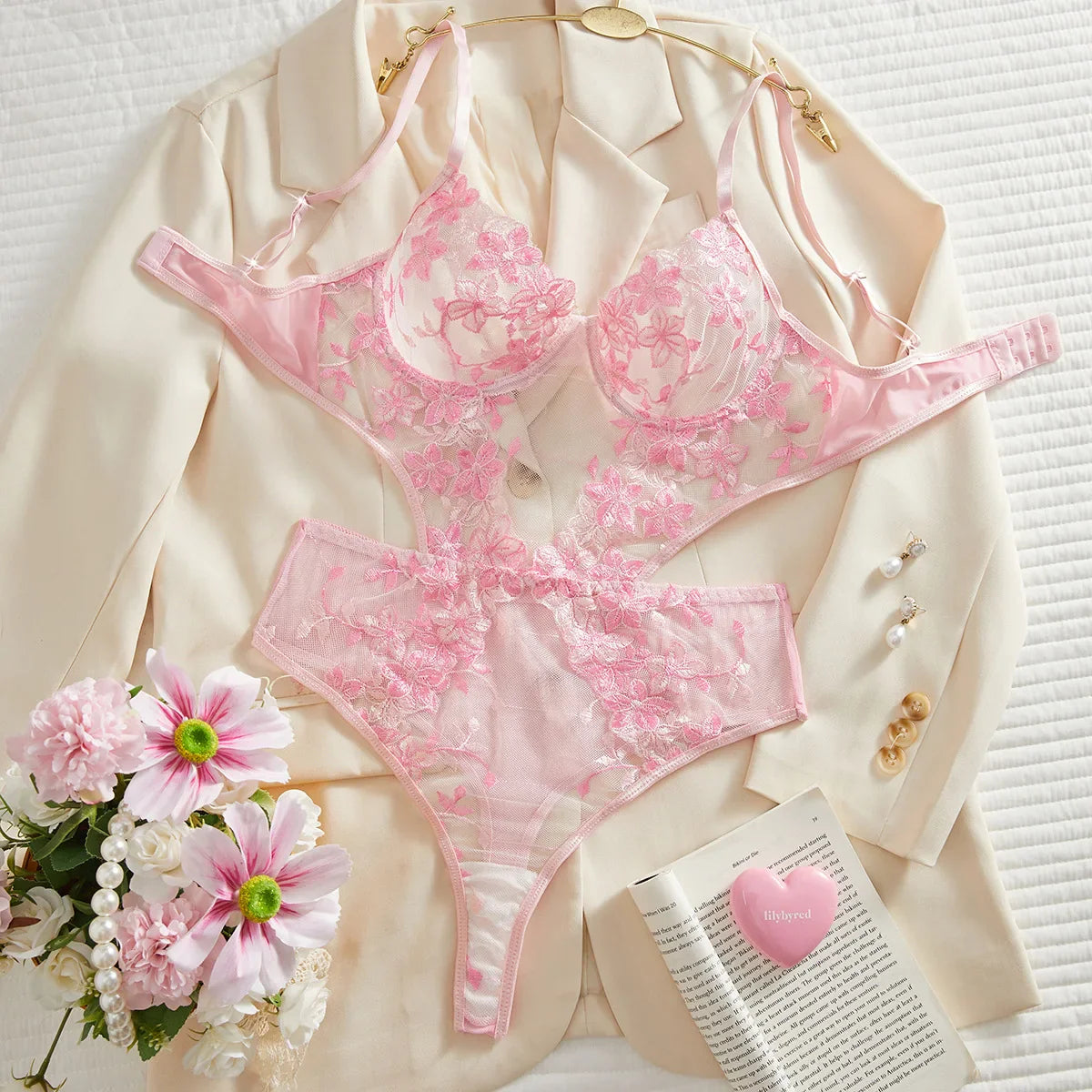 Erotic Western Style Pink Mesh Embroidery Featuring Sensual See Through Alluring Exquisite Premium Erotic