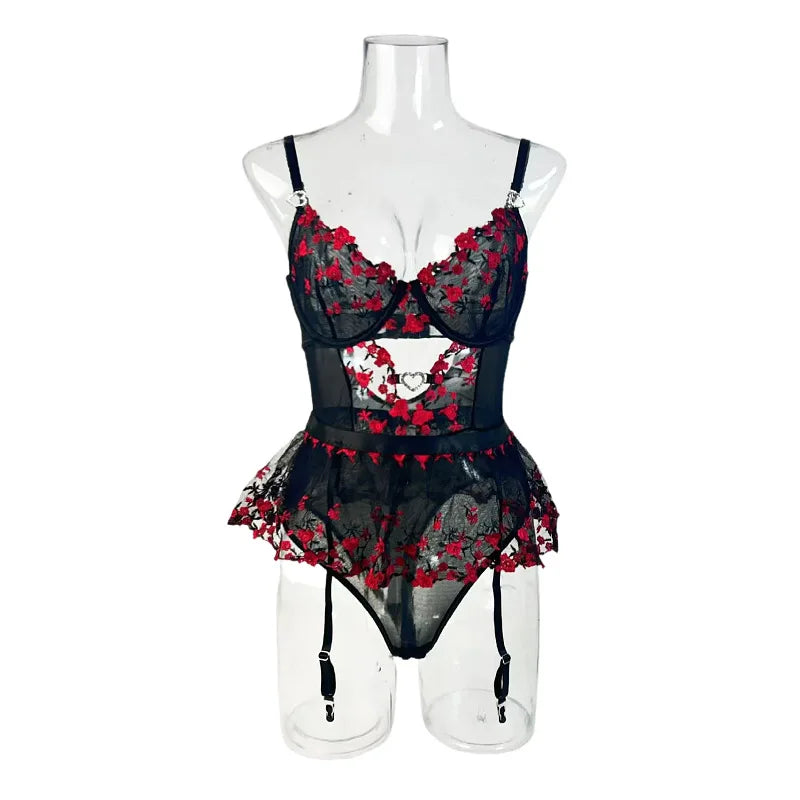 Erotic Western Style Rose Floral Embroidery Featuring Sensual See Through Slim Fit Alluring Exquisite Erotic