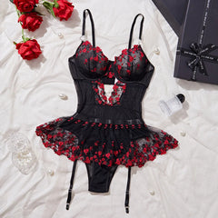 Erotic Western Style Rose Floral Embroidery Featuring Sensual See Through Slim Fit Alluring Exquisite Erotic