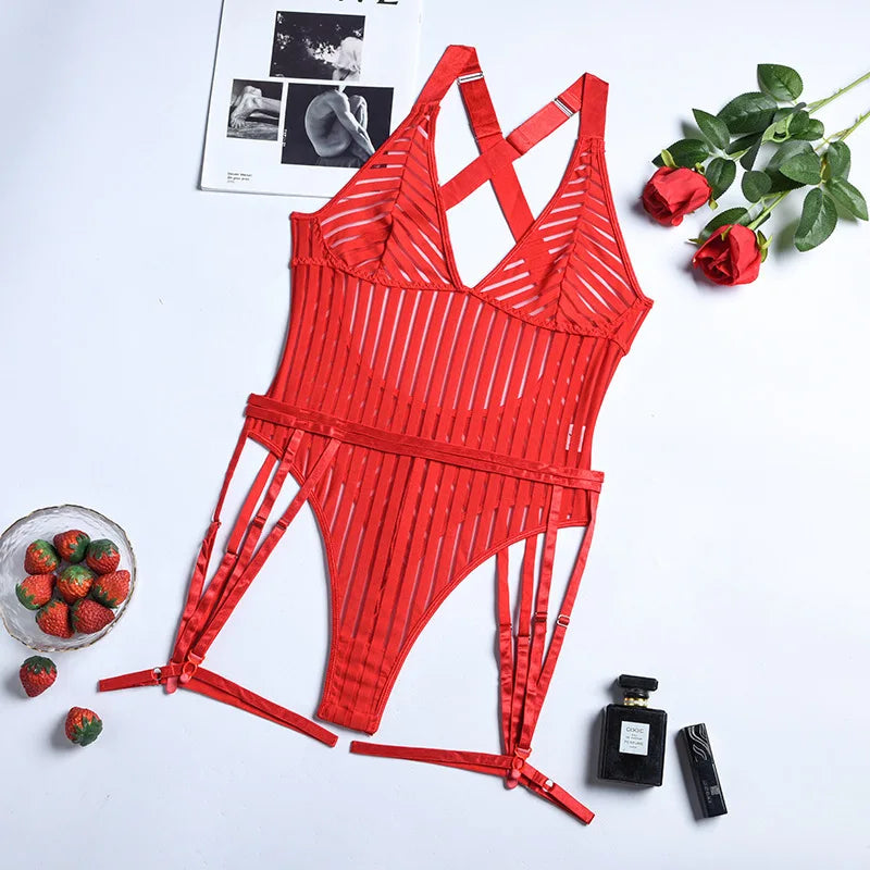 Erotic Western Style Striped Mesh Featuring Sensual Straps See Through Alluring Exquisite Premium Erotic