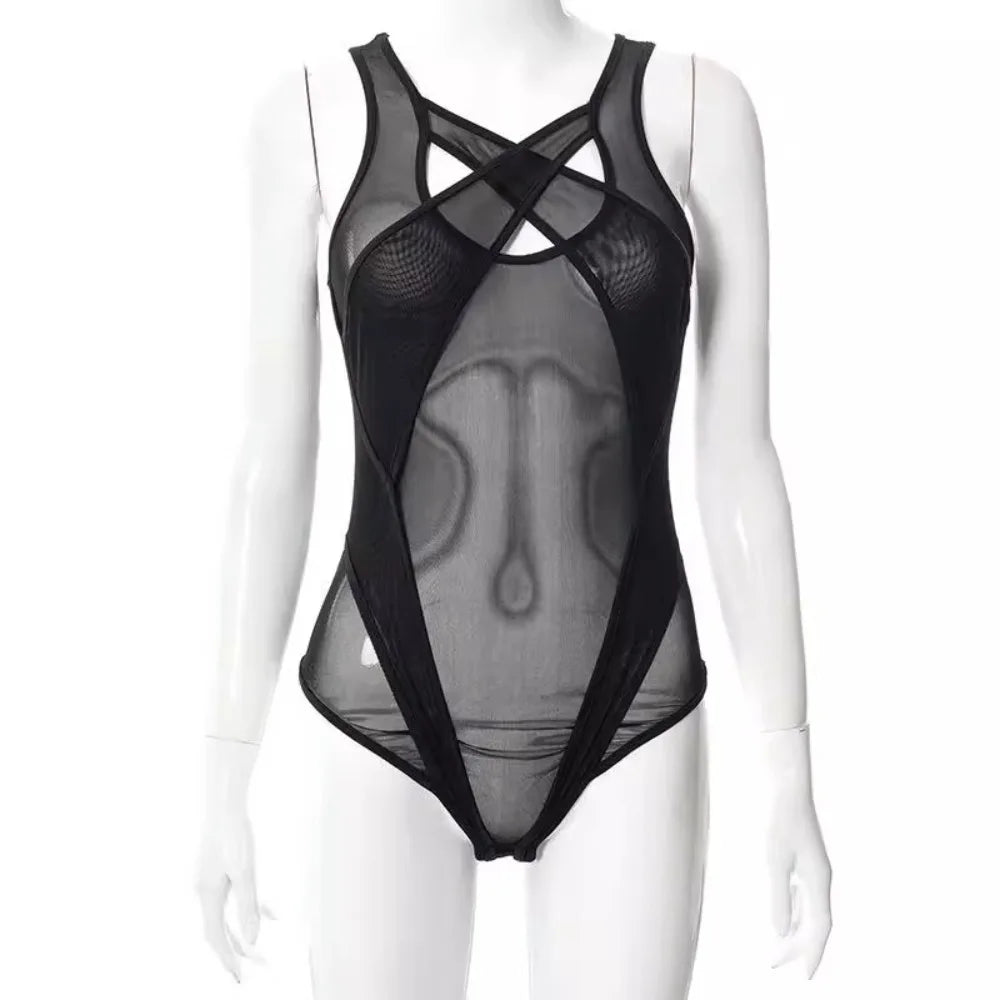 Erotic Western Style Two Tone Featuring Sensual Halter Neck Mesh See Through Alluring Exquisite Premium Erotic