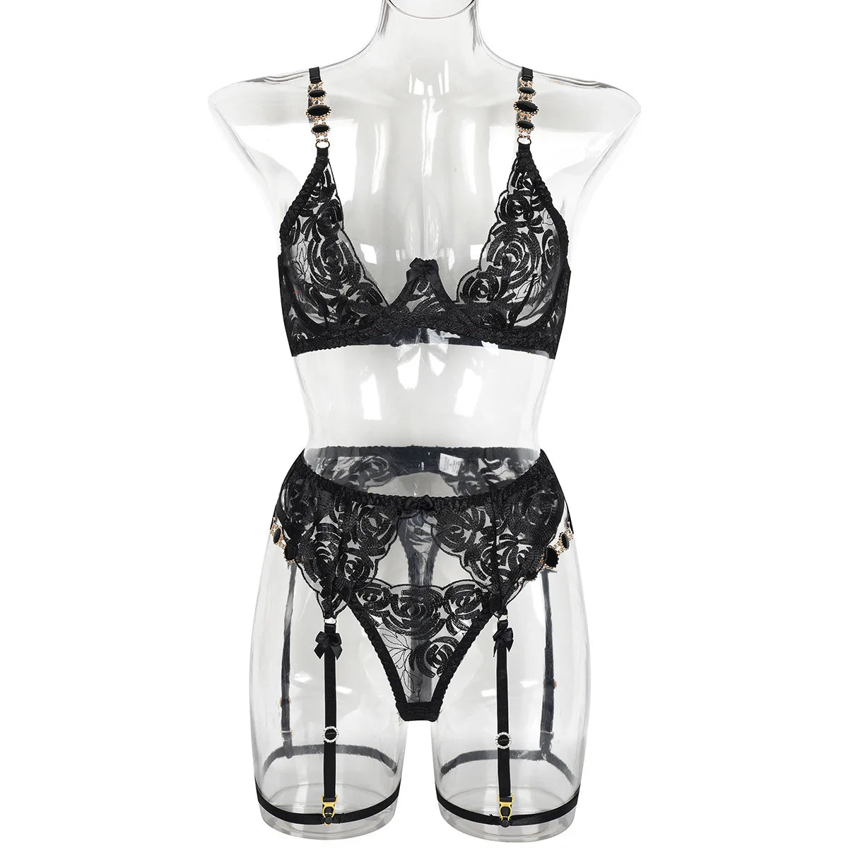Erotic Western Style Vintage Gemstone Embroidery 2 Piece Set Featuring Sensual Exquisite Alluring Lingerie Set