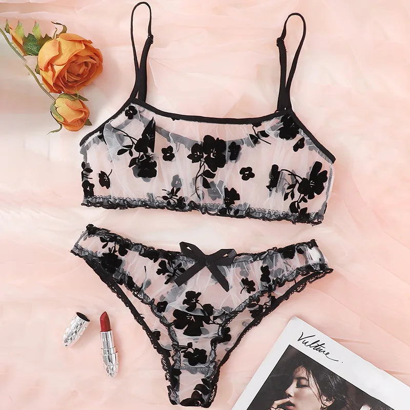 Europe America Flocking Sheer Mesh Black Temptation Lingeries Black Flocking Mesh Underwear Erotic Sets