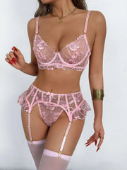Pink Colors Flower Embroidery Belt Stockings Bow Bras Lady Erotic Intimates Lingerie Set