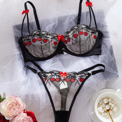 French Cherries Bra Mesh Embroidery See Through Lingerie Sets Erotic Exotic Suits