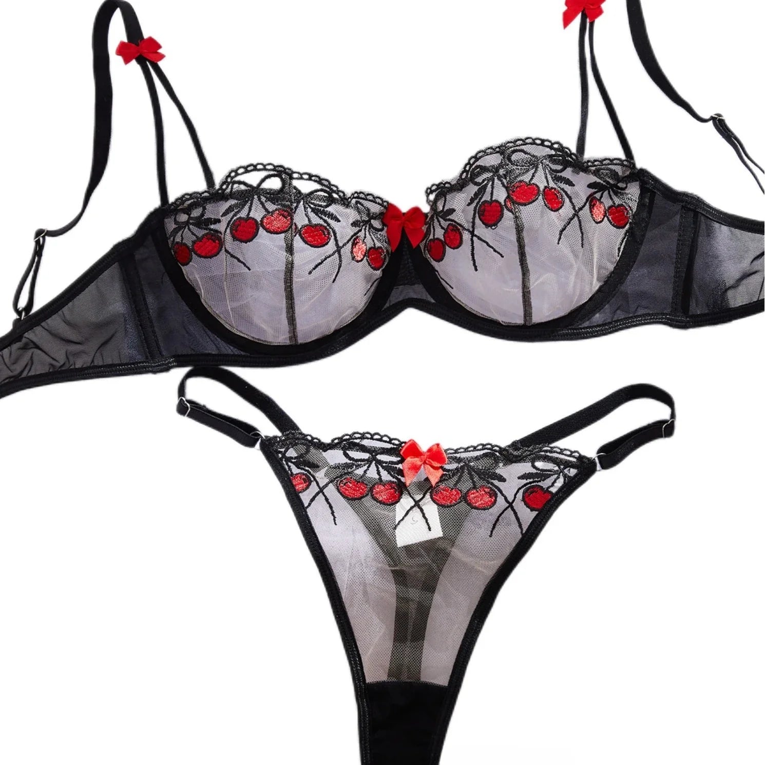 French Cherries Bra Mesh Embroidery See Through Lingerie Sets Erotic Exotic Suits