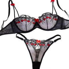 French Cherries Bra Mesh Embroidery See Through Lingerie Sets Erotic Exotic Suits