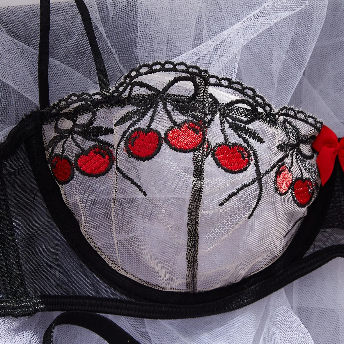 French Cherries Bra Mesh Embroidery See Through Lingerie Sets Erotic Exotic Suits