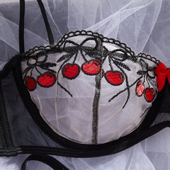 French Cherries Bra Mesh Embroidery See Through Lingerie Sets Erotic Exotic Suits