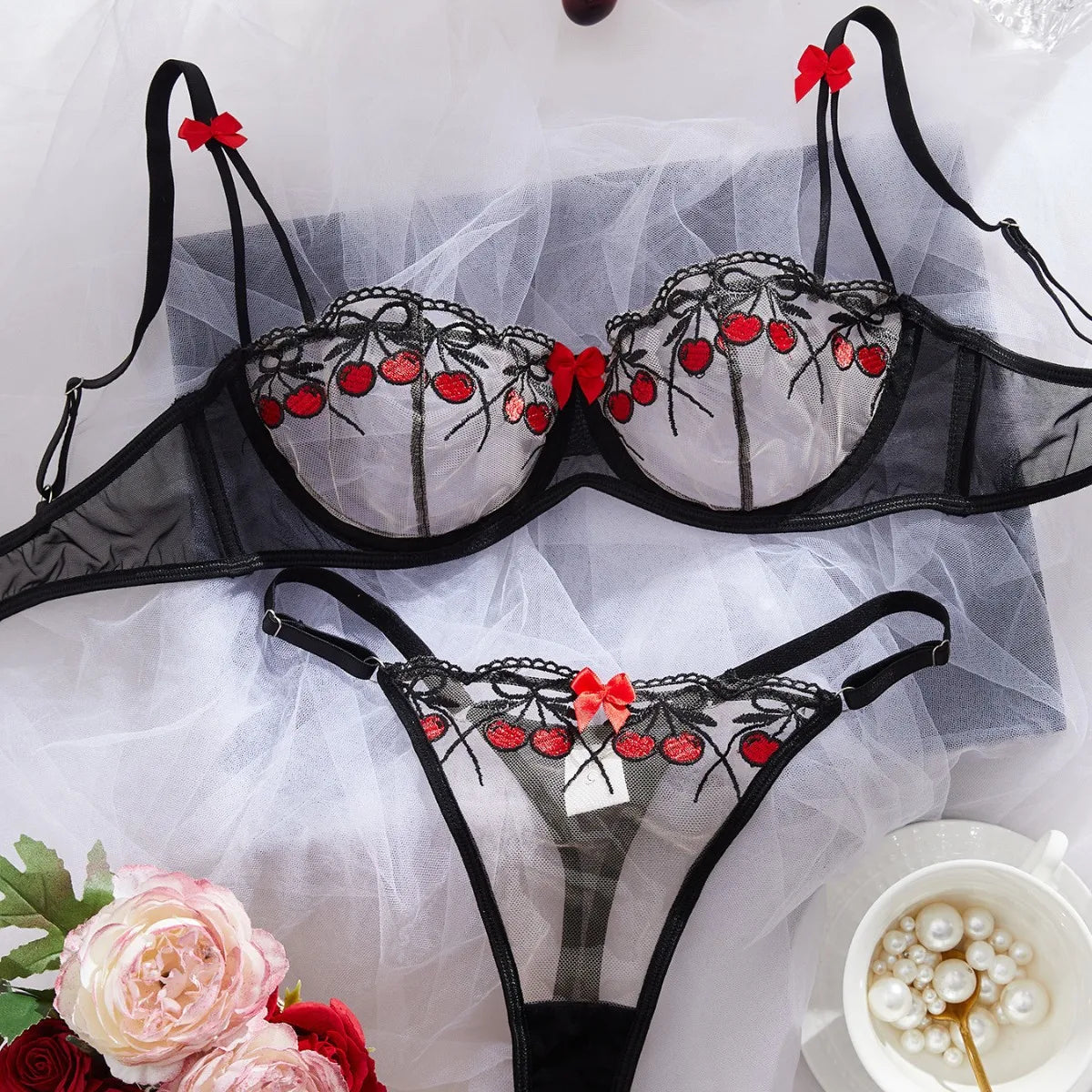 French Cherries Bra Mesh Embroidery See Through Lingerie Sets Erotic Exotic Suits