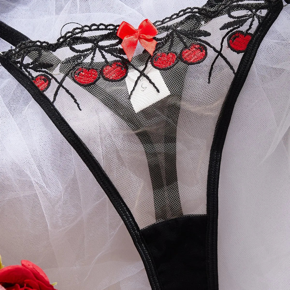 French Cherries Bra Mesh Embroidery See Through Lingerie Sets Erotic Exotic Suits