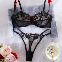French Cherries Bra Mesh Embroidery See Through Lingerie Sets Erotic Exotic Suits